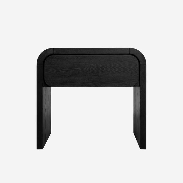Modern Black 1-Drawer Nightstand | Waterfall Edge Bedside Table with Wood Grain