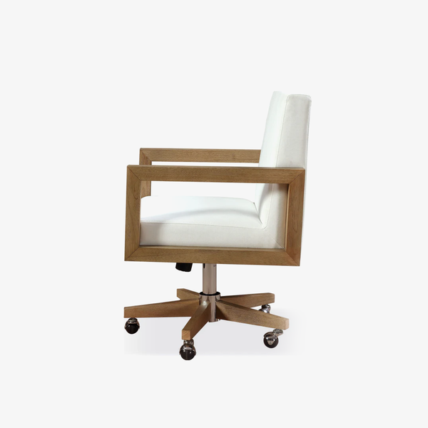 Ergonomic White Twill Office Chair - Solid Rubberwood Frame Swivel Desk Chair in Bisque Finish