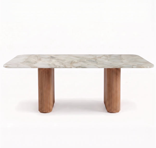 Modern Organic Marble & Slatted Wood Dining Table