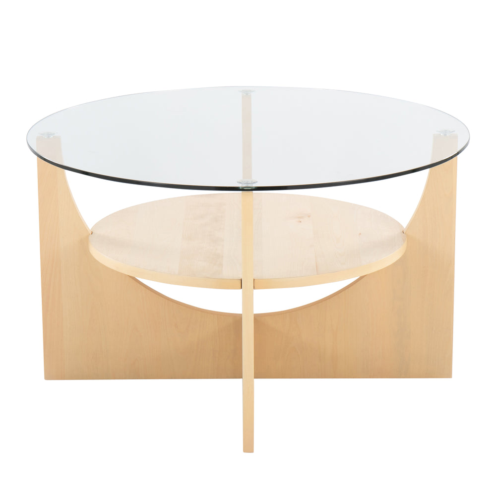 U-Shaped Contemporary Coffee Table in Natural Wood and Clear Glass