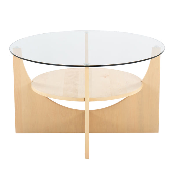 U-Shaped Contemporary Coffee Table in Natural Wood and Clear Glass