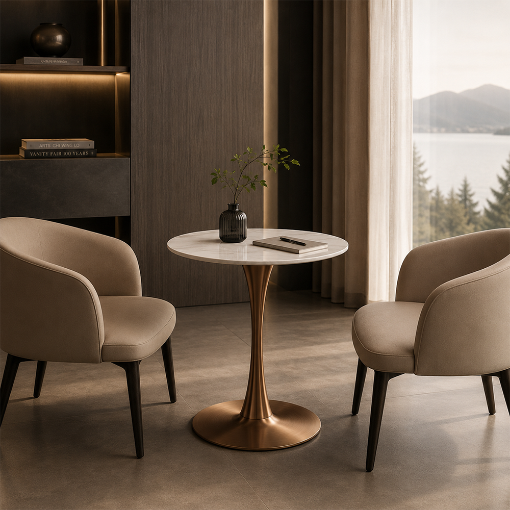 Modern Round Bistro Table with Sintered Stone Top & Metal Pedestal Base