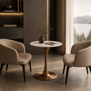 Modern Round Bistro Table with Sintered Stone Top & Metal Pedestal Base