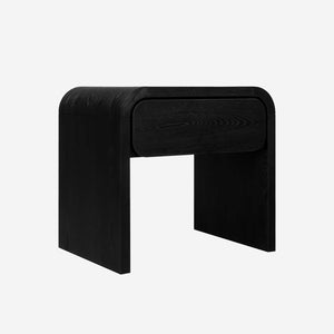 Modern Black 1-Drawer Nightstand | Waterfall Edge Bedside Table with Wood Grain