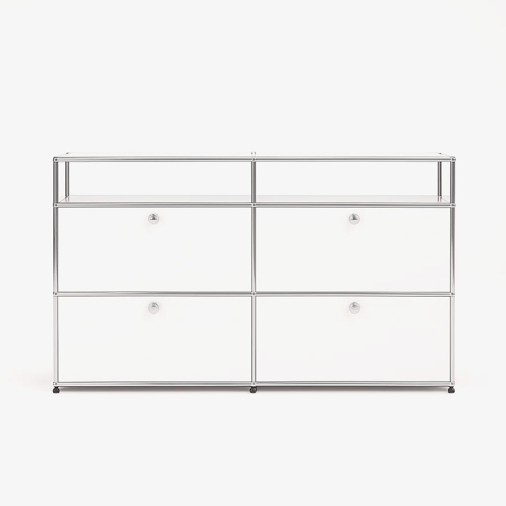 Modern Modular Sideboard Cabinet – Chrome Frame Storage Unit with 4 Drop-Down Doors – Industrial Chic Media Console
