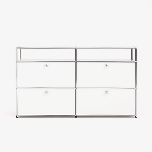 Modern Modular Sideboard Cabinet – Chrome Frame Storage Unit with 4 Drop-Down Doors – Industrial Chic Media Console