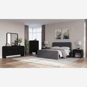 Modern Black 1-Drawer Nightstand | Waterfall Edge Bedside Table with Wood Grain