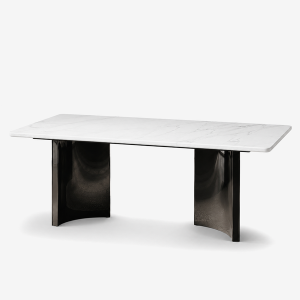 Modern White Marble Dining Table with Sculptural Black Pedestal Base | Luxury Contemporary Dining Table
