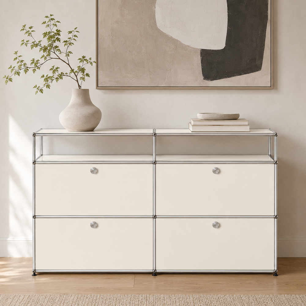 Modern Modular Sideboard Cabinet – Chrome Frame Storage Unit with 4 Drop-Down Doors – Industrial Chic Media Console