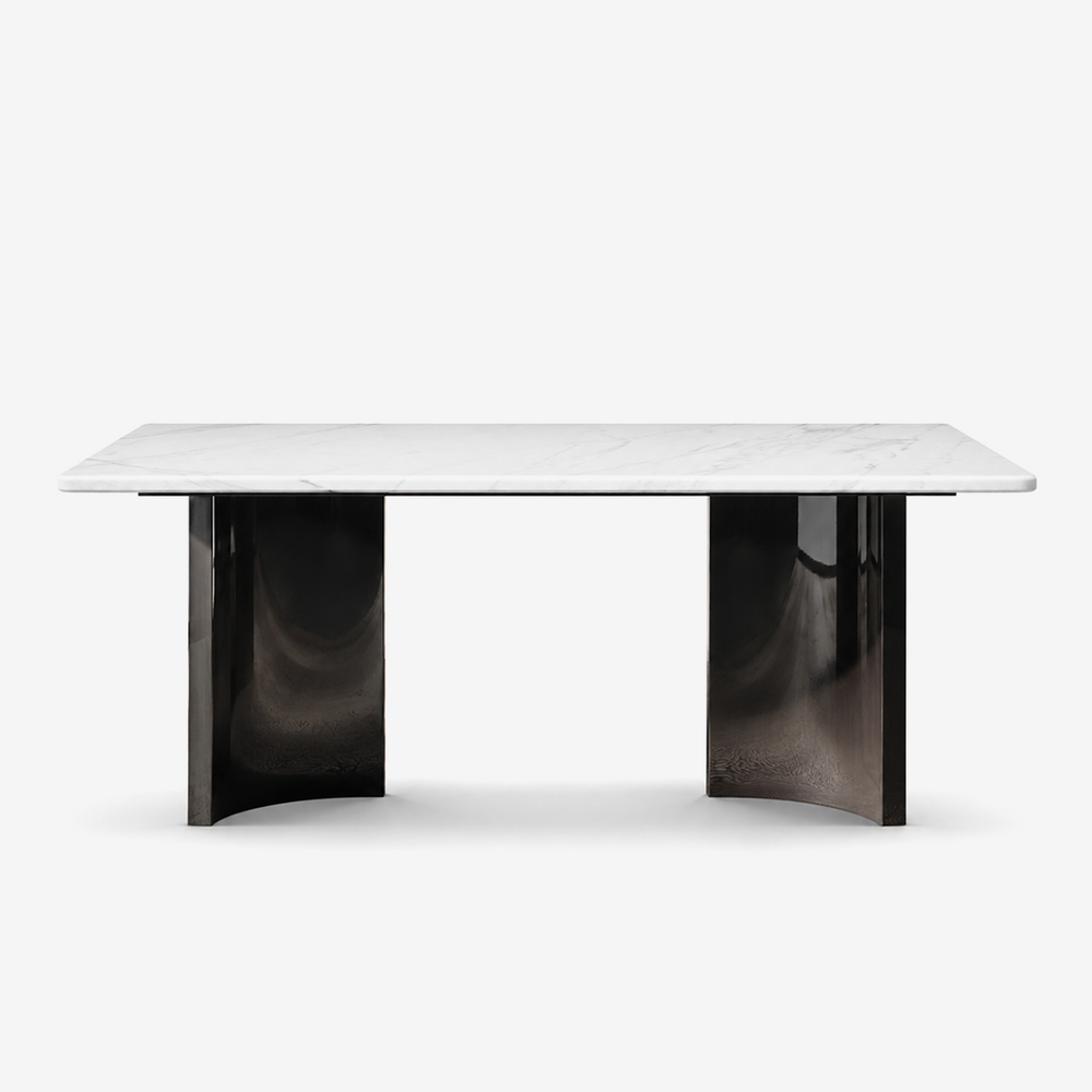 Modern White Marble Dining Table with Sculptural Black Pedestal Base | Luxury Contemporary Dining Table
