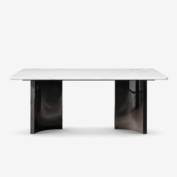 Modern White Marble Dining Table with Sculptural Black Pedestal Base | Luxury Contemporary Dining Table