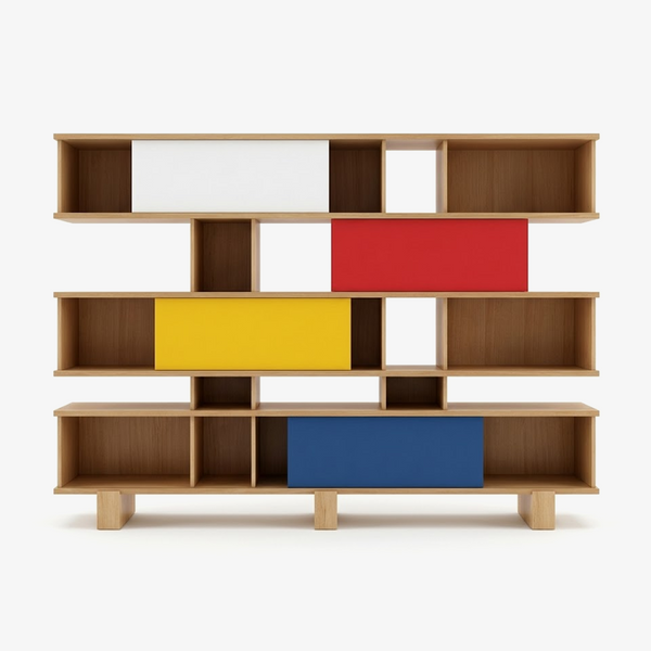 Modern Asymmetrical Modular Bookcase with Colorful Sliding Doors