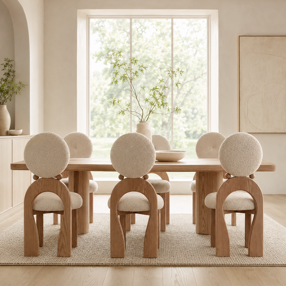 Modern Bouclé Round Back Dining Chair with Solid Wood Arch Frame