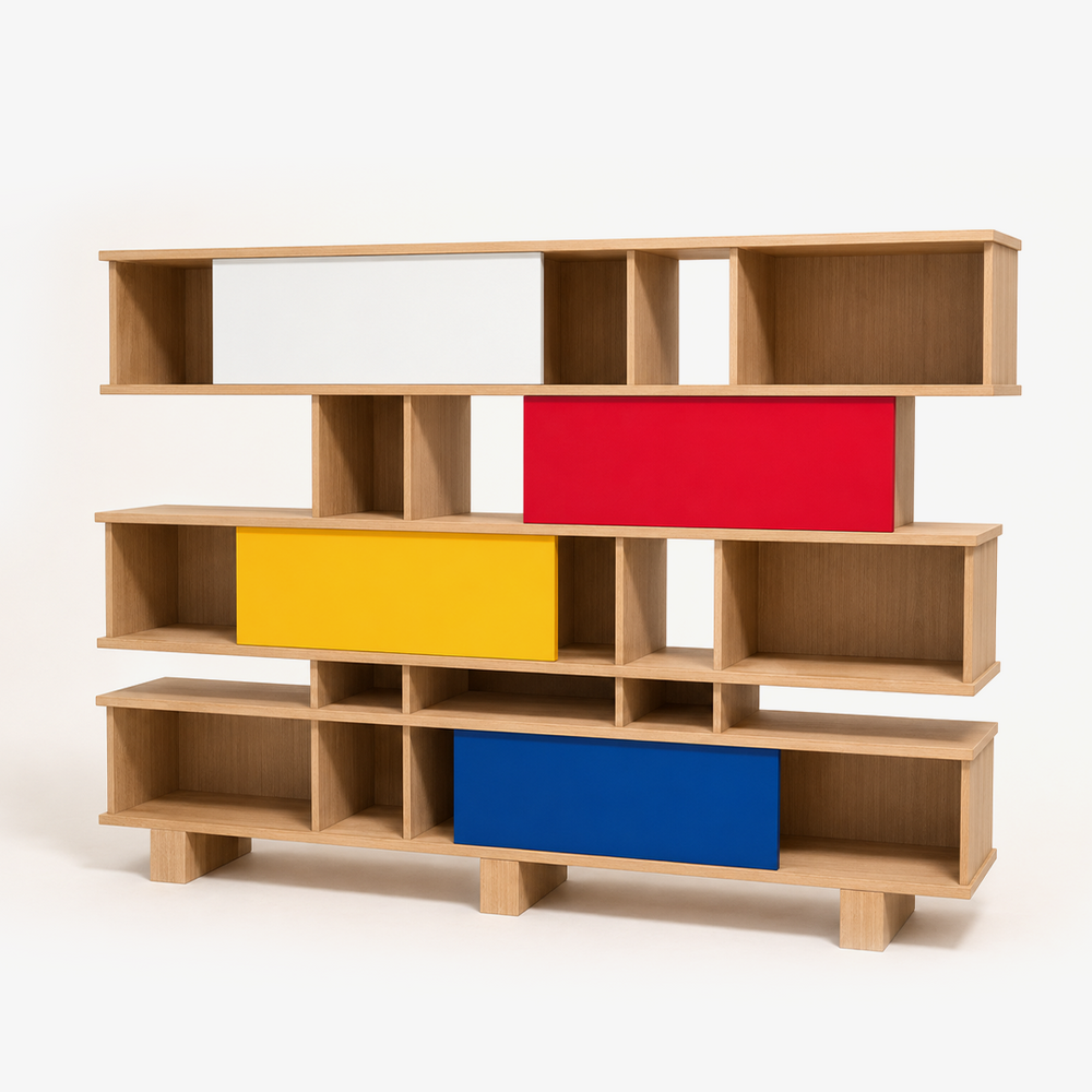 Modern Asymmetrical Modular Bookcase with Colorful Sliding Doors