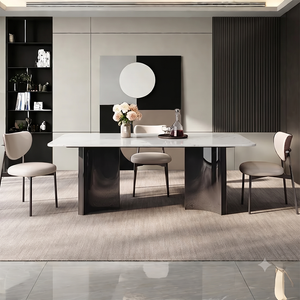 Modern White Marble Dining Table with Sculptural Black Pedestal Base | Luxury Contemporary Dining Table