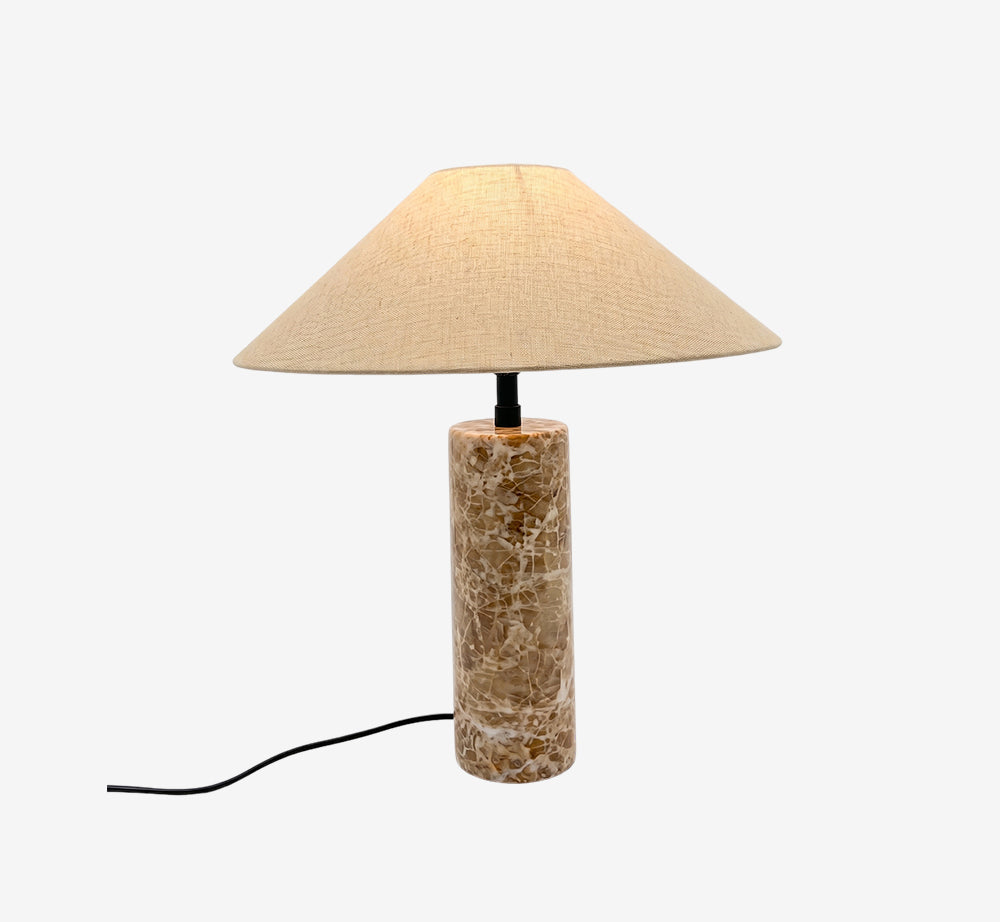 Earthy Cylinder Stone Table Lamp – Mid-Century Inspired Travertine Style Lamp – Neutral Japandi Bedside Light