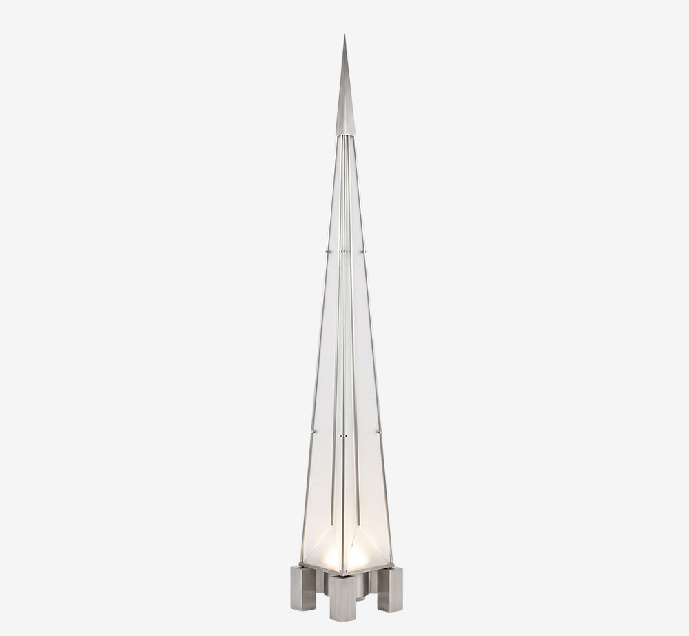 Architectural Pyramid Spire Floor Lamp – Futuristic Obelisk Standing Light with Frosted Panels and Metal Frame