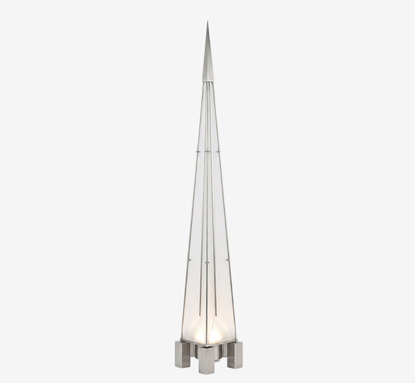 Architectural Pyramid Spire Floor Lamp – Futuristic Obelisk Standing Light with Frosted Panels and Metal Frame