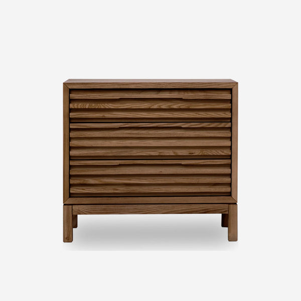Oak 3-Drawer Nightstand | Slatted Wood Bedside Chest of Drawers