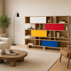 Modern Asymmetrical Modular Bookcase with Colorful Sliding Doors