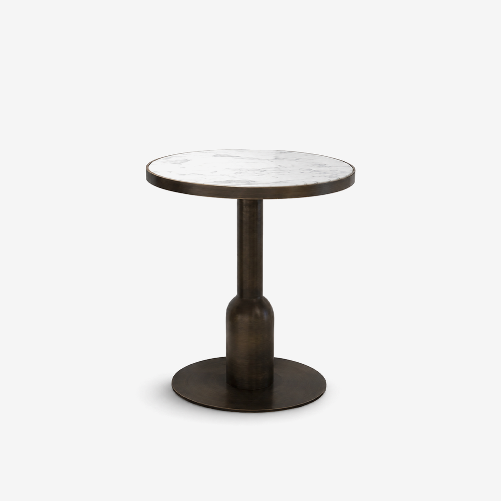 Modern Round Marble Side Table with Brushed Bronze Pedestal Base - Sculptural Minimalist End Table - Luxury Circular Accent Table for Living Room & Bedroom