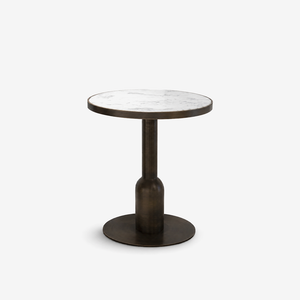 Modern Round Marble Side Table with Brushed Bronze Pedestal Base - Sculptural Minimalist End Table - Luxury Circular Accent Table for Living Room & Bedroom