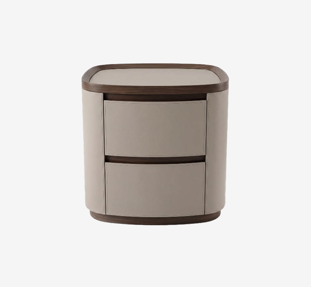 Modern Curved Walnut Nightstand with Leather & Drawers