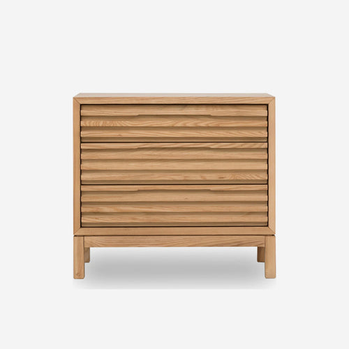 Oak 3-Drawer Nightstand | Slatted Wood Bedside Chest of Drawers