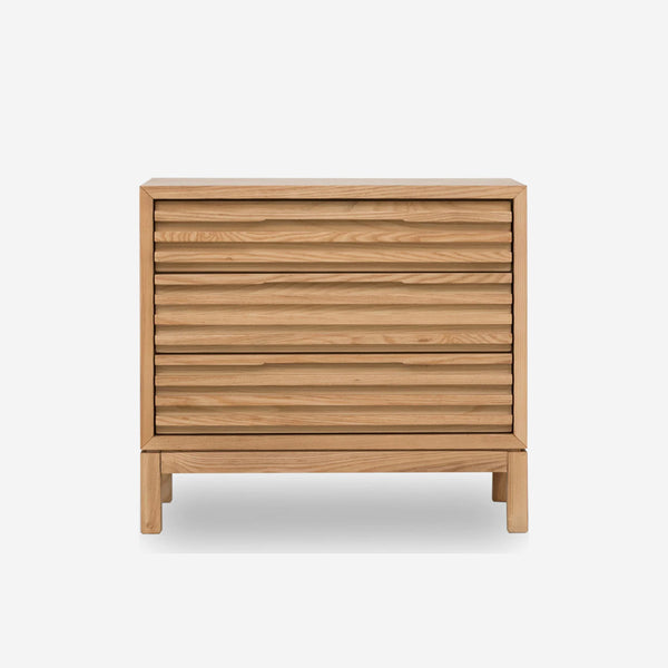 Oak 3-Drawer Nightstand | Slatted Wood Bedside Chest of Drawers
