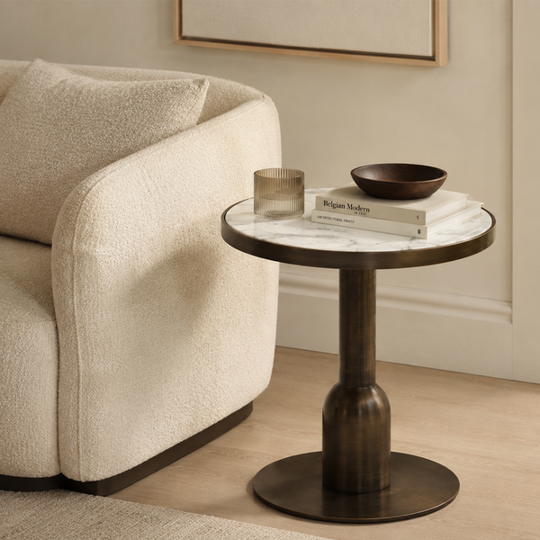Modern Round Marble Side Table with Brushed Bronze Pedestal Base - Sculptural Minimalist End Table - Luxury Circular Accent Table for Living Room & Bedroom