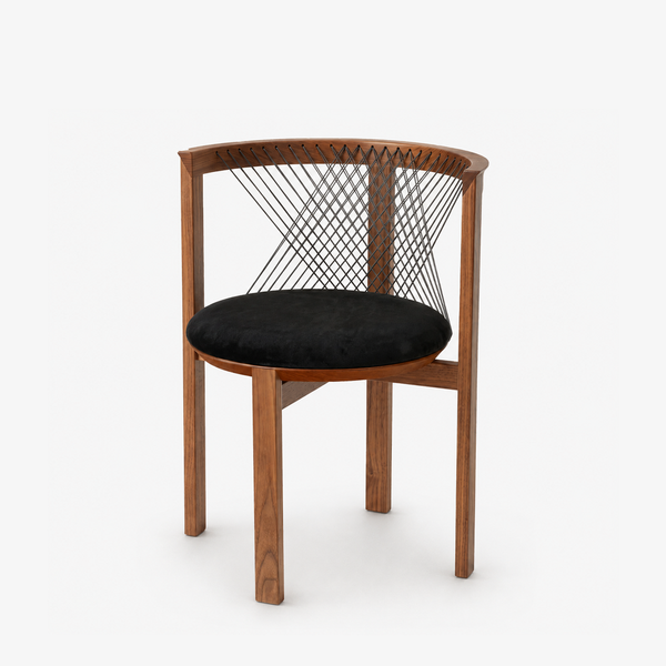 Modern Solid Wood Dining Chair with Woven Cord Backrest - Sculptural Round Velvet Cushion Accent Chair - Mid-Century Timber Desk Chair for Living Room