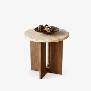 Modern Travertine Stone Side Table – Round Pedestal Accent Table with Solid Wood Base