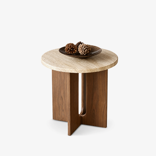 Modern Travertine Stone Side Table – Round Pedestal Accent Table with Solid Wood Base