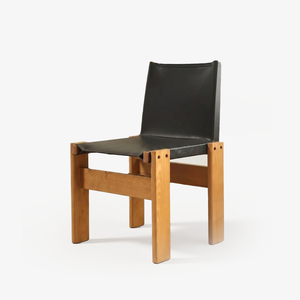 Modern Solid Wood Dining Chair with Black Leather Seat - Mid-Century Brutalist Accent Chair - Minimalist Timber Side Chair for Dining Room & Home Office
