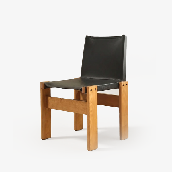 Modern Solid Wood Dining Chair with Black Leather Seat - Mid-Century Brutalist Accent Chair - Minimalist Timber Side Chair for Dining Room & Home Office