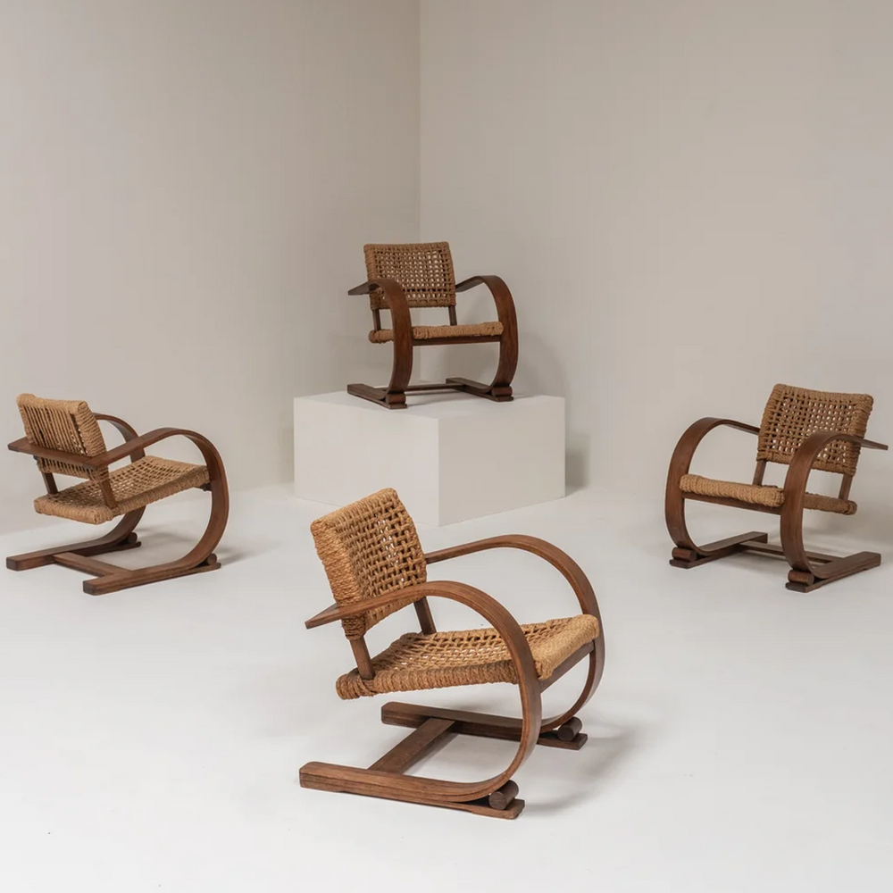Mid-Century Bentwood Cantilever Armchair with Woven Rattan Seat
