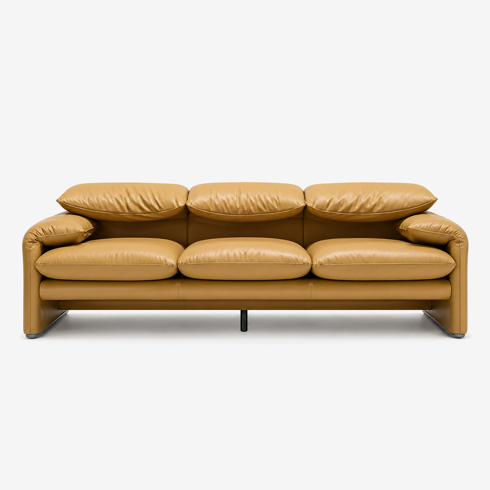 Modern Low Profile Genuine Leather Sofa | Deep Seat 3 Seater Couch