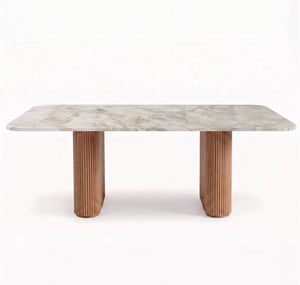 Modern Organic Marble & Slatted Wood Dining Table