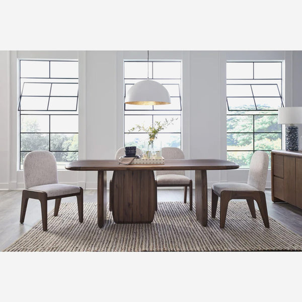 Modern Walnut Solid Wood Dining Table with Sculptural Ribbed Pedestal Base