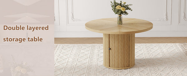 47.2-inch round wooden-style dining table with double-layer storage design and Roman column shape - featuring classic wood grain finish, it creates an eternal and elegant atmosphere for your living
