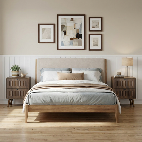 Medieval-style modern double-drawer bedside table with solid wood legs, bedroom bedside table, bedroom side table, 15.75 x 15.75 x 22.64 inches, walnut color, 2-pack