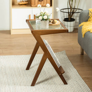Rattan Nightstand Side Table, Bamboo Accent Bedside Tables, Glass Coffee Tables, Boho End Table with Storage for Small Space Living Room Bedroom, Brown