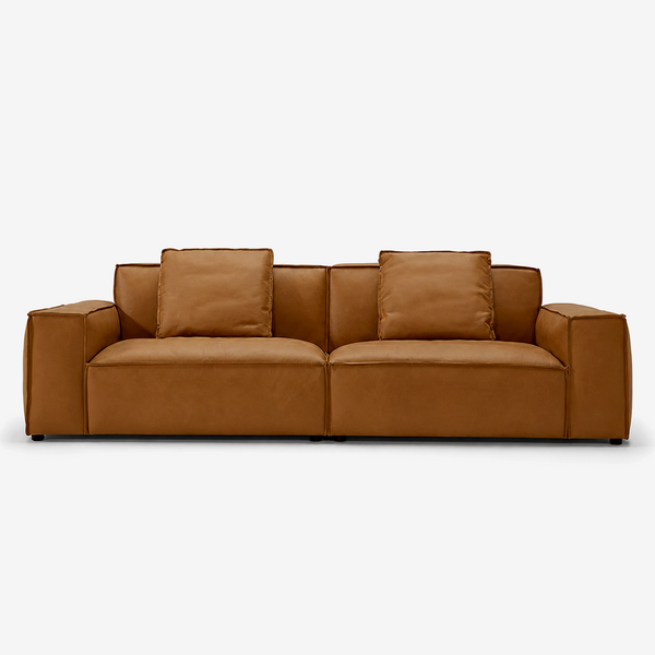 Modern Saddle Brown Leather Sofa - Low Profile Chunky Block Couch - 3-Seater Cognac Leather Sofa with Raw Seam Detailing for Living Room