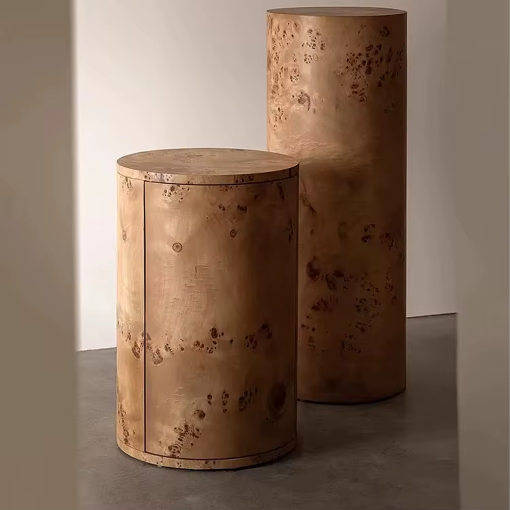 Modern Round Burl Wood Side Table with Hidden Storage