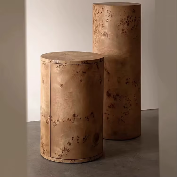 Modern Round Burl Wood Side Table with Hidden Storage