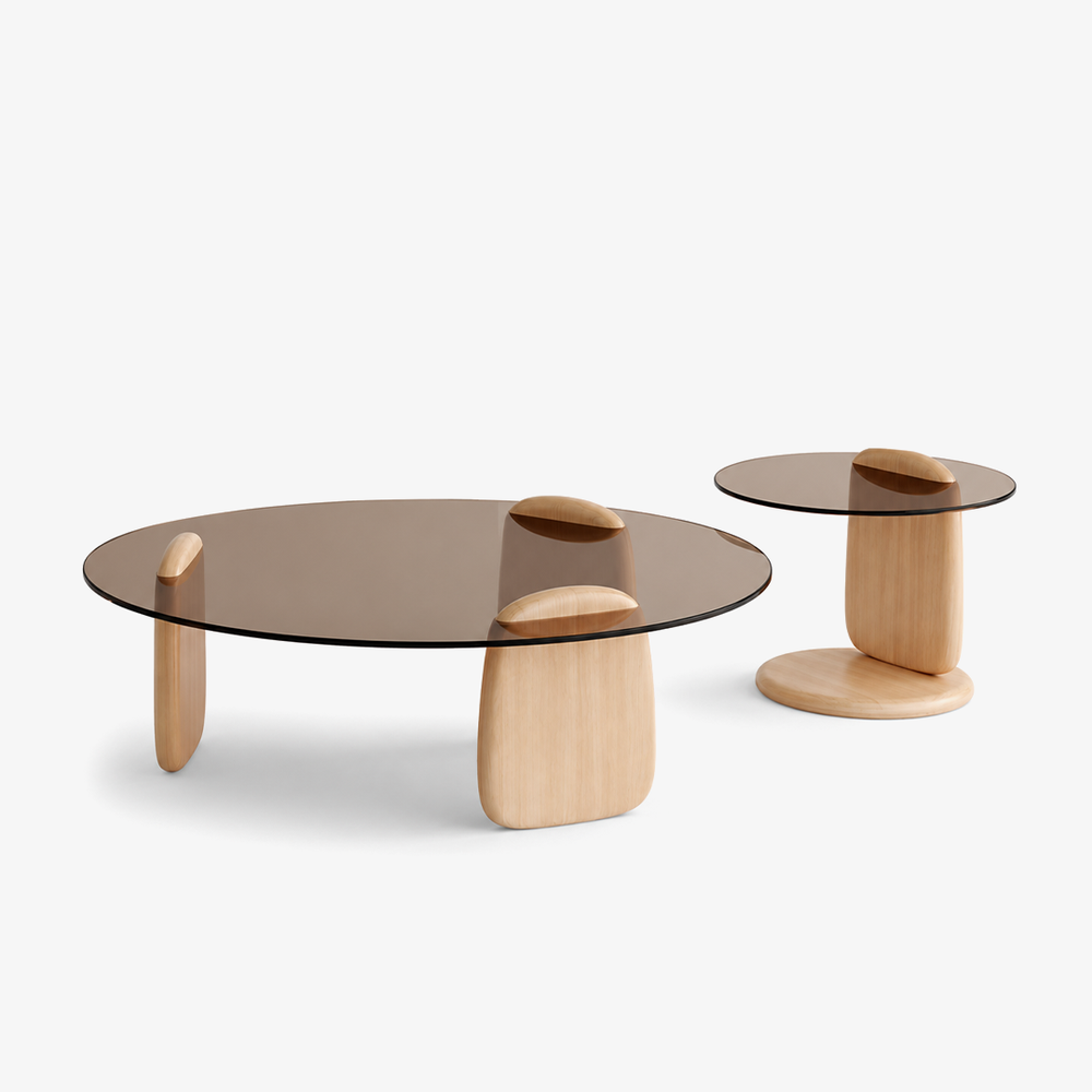 Modern Smoked Glass Coffee Table Set – Solid Wood Nesting Coffee Table & Side Table