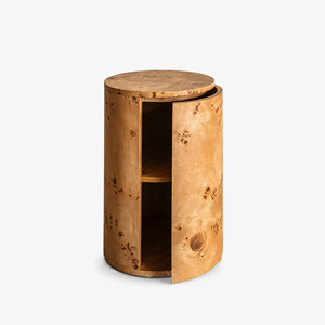 Modern Round Burl Wood Side Table with Hidden Storage