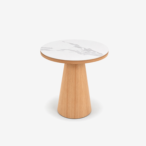 Modern Round Marble Top Side Table – Wood Pedestal Accent End Table