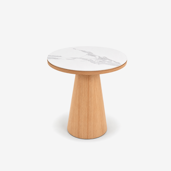 Modern Round Marble Top Side Table – Wood Pedestal Accent End Table
