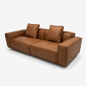 Modern Saddle Brown Leather Sofa - Low Profile Chunky Block Couch - 3-Seater Cognac Leather Sofa with Raw Seam Detailing for Living Room